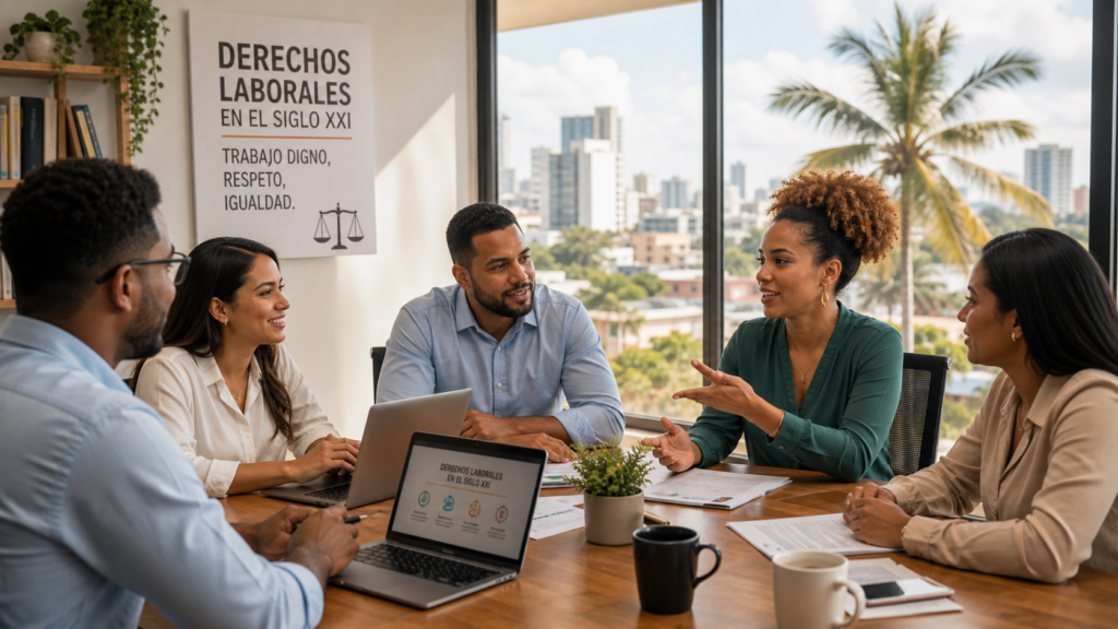 Trabajadores dominicanos en una oficina moderna colaborando en un ambiente profesional. Derechos del trabajador dominicano.