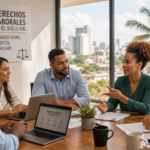 Trabajadores dominicanos en una oficina moderna colaborando en un ambiente profesional. Derechos del trabajador dominicano.